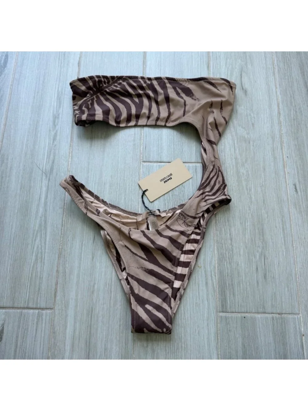 $180 ROBERTO CAVALLI X SKIMS ZEBRA PRINT STRAPLESS MONOKINI - SZ LARGE